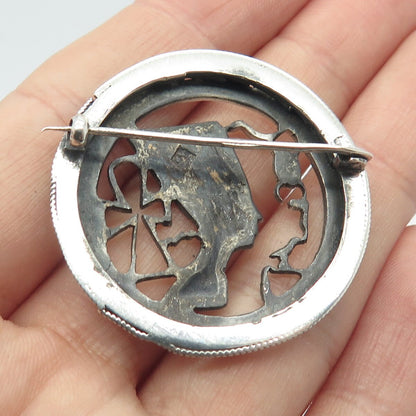 925 Sterling Silver Vintage Egypt Nefertiti Ankh Cross & Scarab Pin Brooch