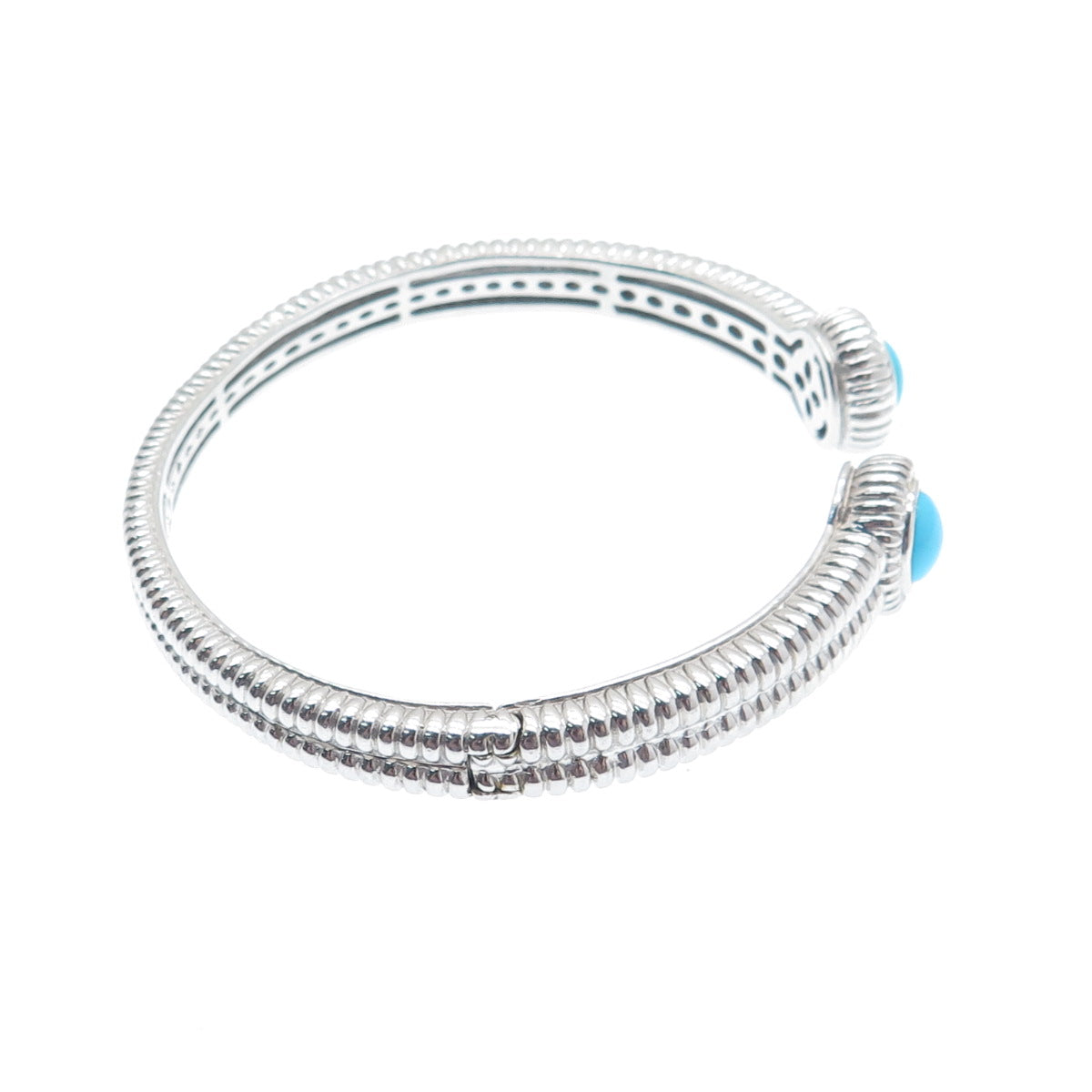 925 Sterling Silver Real Sleeping Beauty Turquoise Gem Ribbed Cuff Bracelet 7.5"
