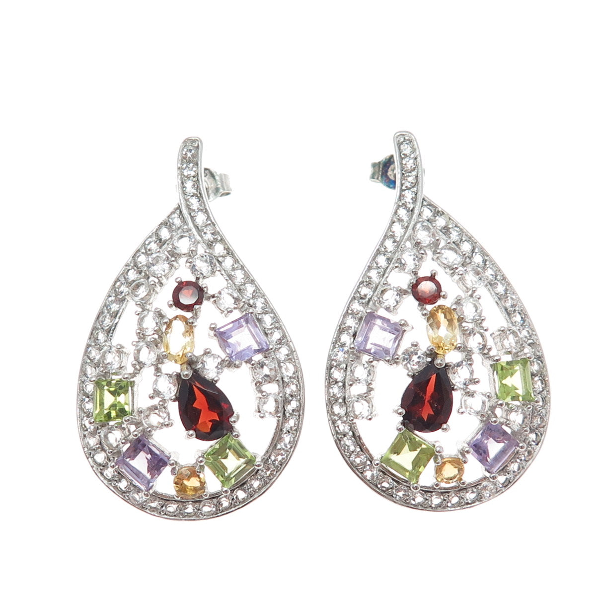 925 Sterling Silver Real White Topaz Peridot Amethyst Garnet & Citrine Earrings
