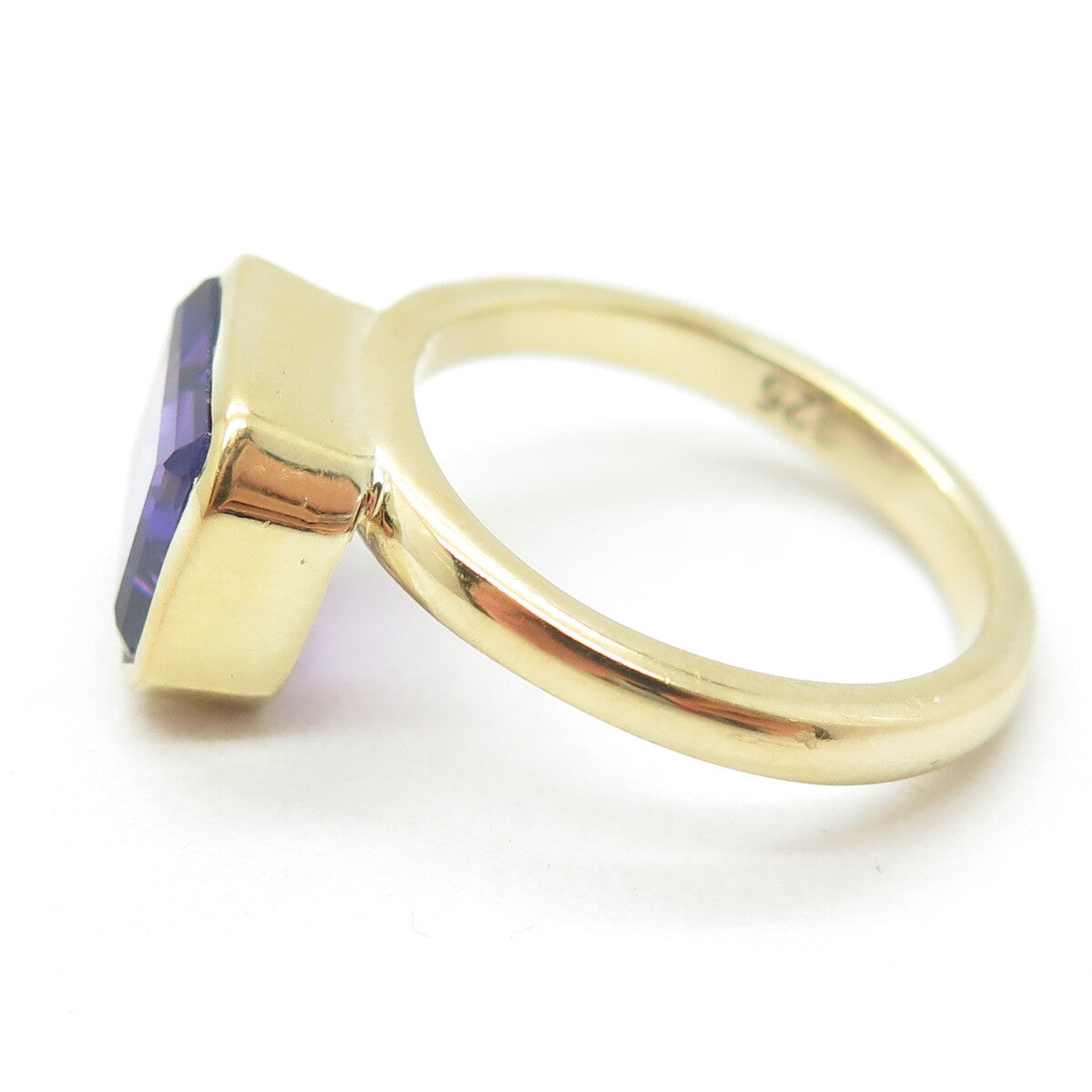 DSMK 925 Sterling Silver Gold Plated Real Emerald-Cut Amethyst Ring Size 6.75