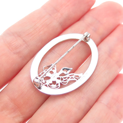 925 Sterling Silver Vintage Flower & Bow Oval Pin Brooch