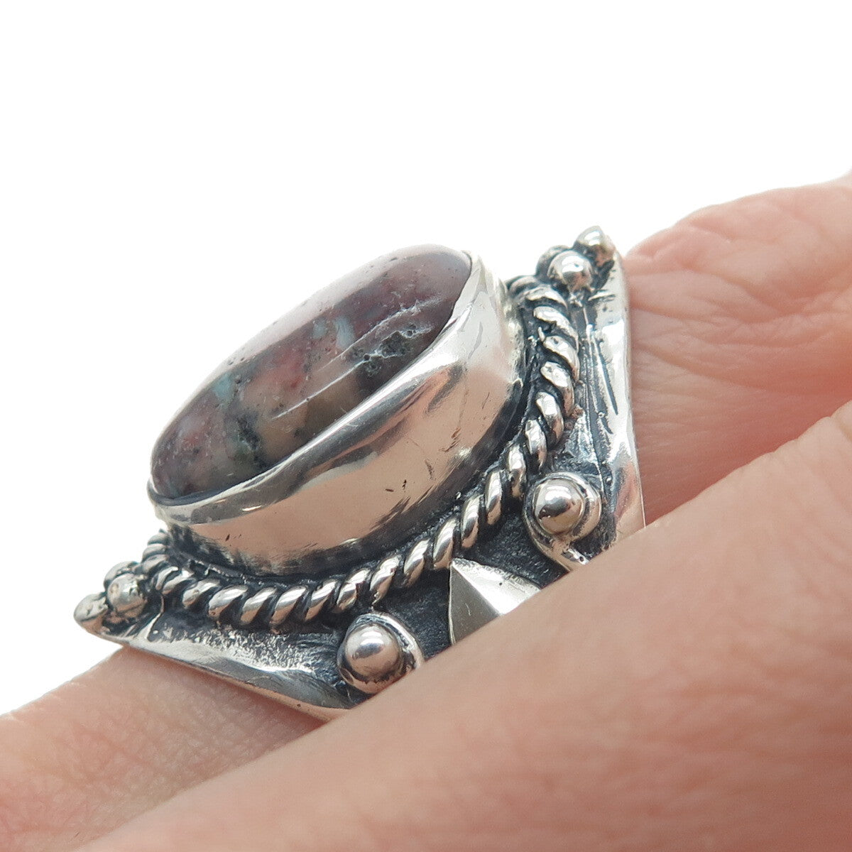 925 Sterling Silver Vintage Real Agate Harp Roped Oxidized Ring Size 9.75