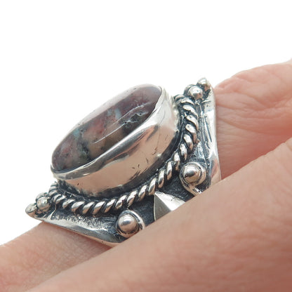 925 Sterling Silver Vintage Real Agate Harp Roped Oxidized Ring Size 9.75