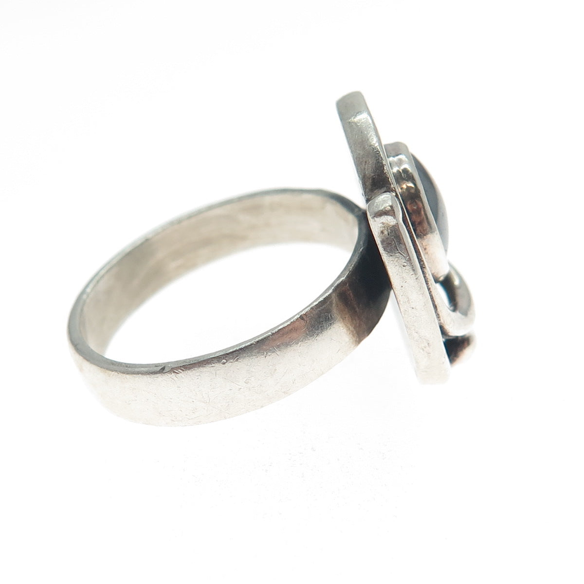 925 Sterling Silver Vintage Real Hematite Modernist Spiral Oxidized Ring Size 7
