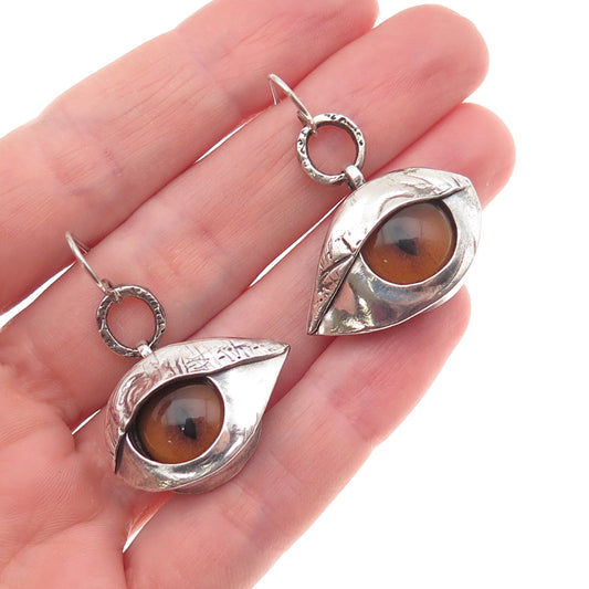 925 Sterling Silver Vintage Glass Modernist Evil's Eye Oxidized Dangle Earrings