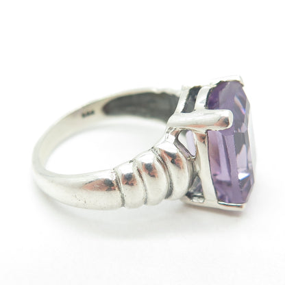 925 Sterling Silver Vintage Real Emerald-Cut Amethyst Ring Size 7