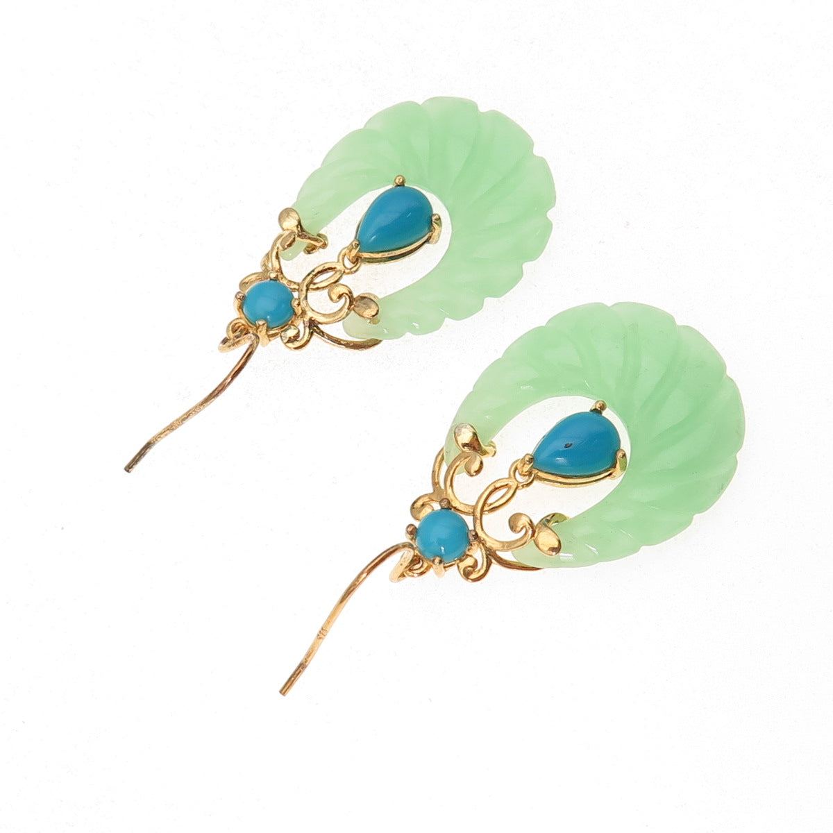 925 Sterling Silver Gold Plated Real Turquoise & Jade Teardrop Dangle Earrings