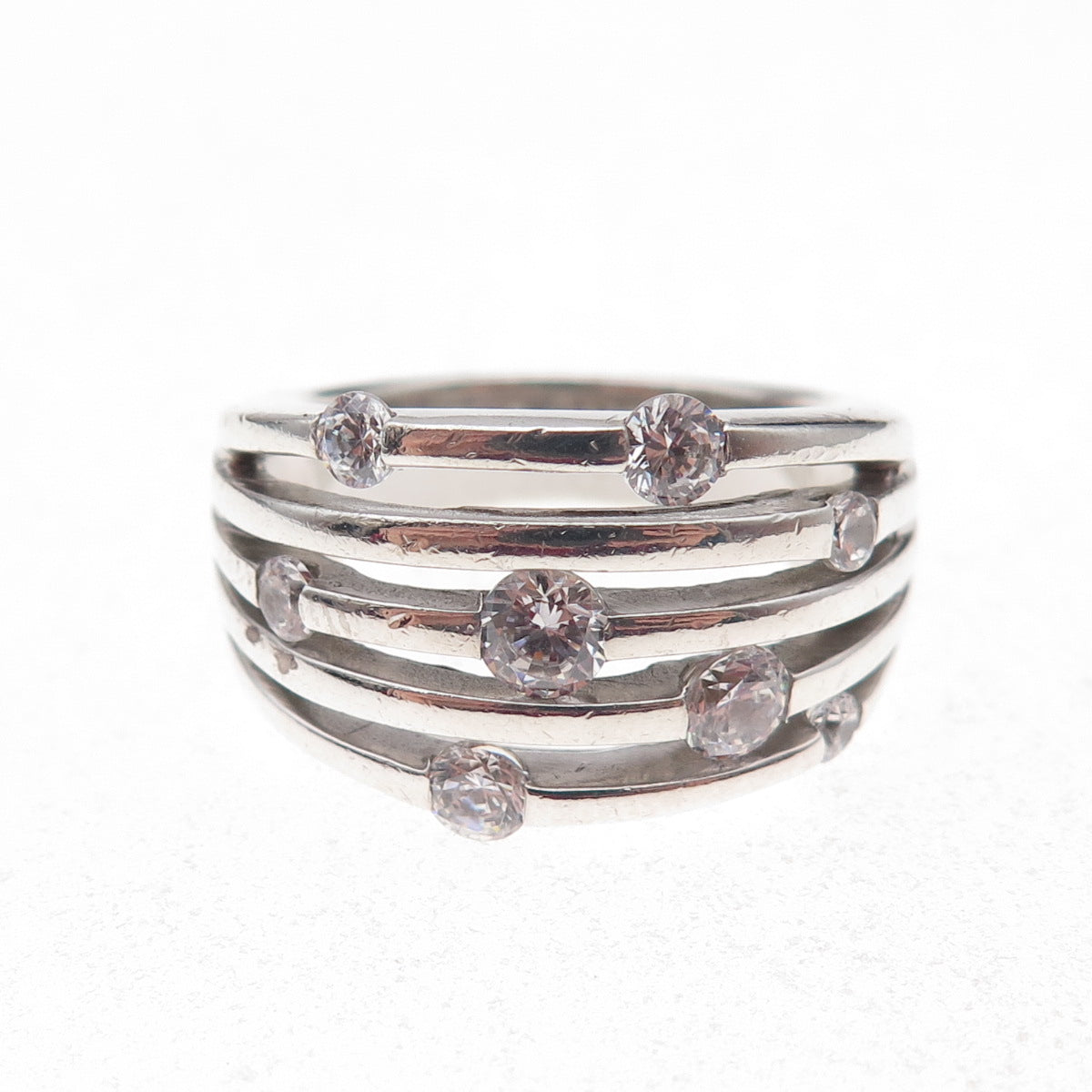 925 Sterling Silver Round-Cut C Z 5-Row Station Ring Size 7.25