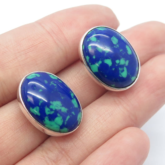 925 Sterling Silver Vintage AIS Mexico Real Azurite Clip On Oval Earrings