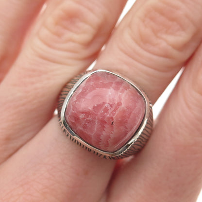 925 Sterling Silver Vintage Real Rhodochrosite Modernist Oxidized Ring Size 8