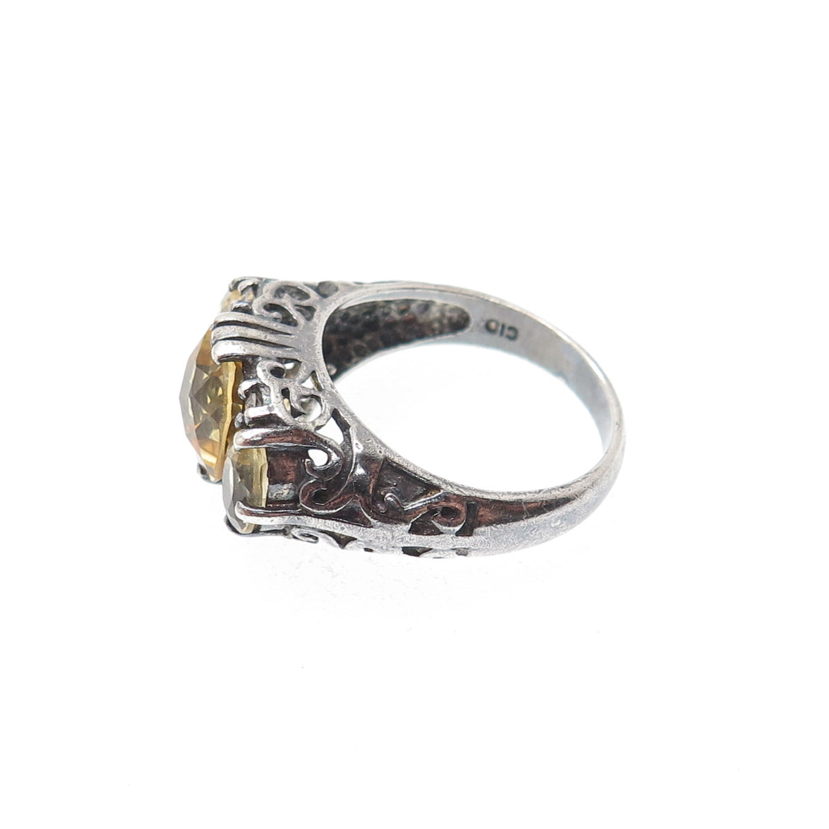CLYDE DUNEIER CID 925 Sterling Vintage Real Citrine & C Z Oxidized Ring Size 6