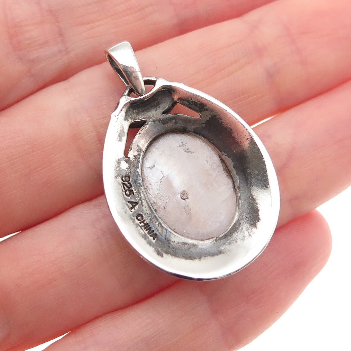 925 Sterling Silver Vintage Real MOP Teardrop Oxidized Charm Pendant