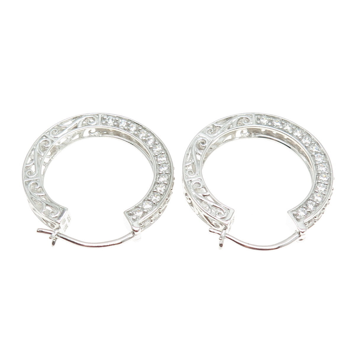 925 Sterling Silver Round-Cut C Z Ornate Hoop Earrings