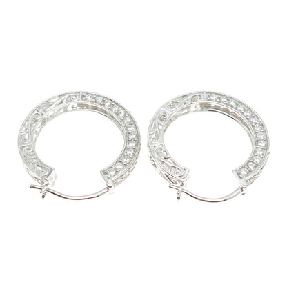 925 Sterling Silver Round-Cut C Z Ornate Hoop Earrings