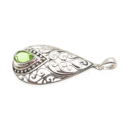 925 Sterling Silver Vintage GDS Real Pear-Cut Peridot Teardrop Ornate Pendant