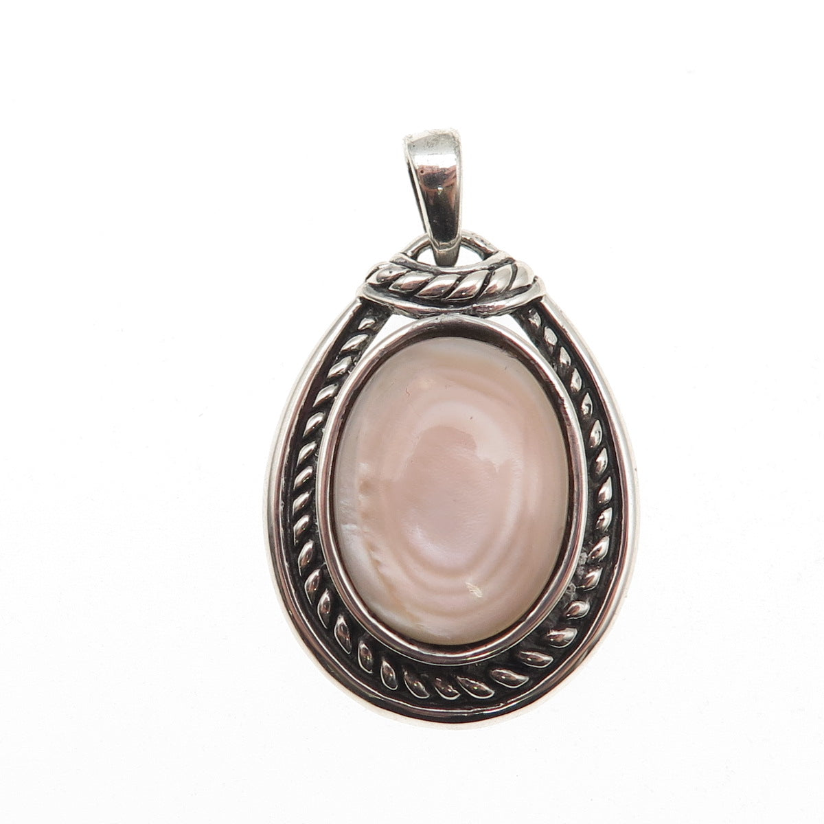 925 Sterling Silver Vintage Real MOP Teardrop Oxidized Charm Pendant