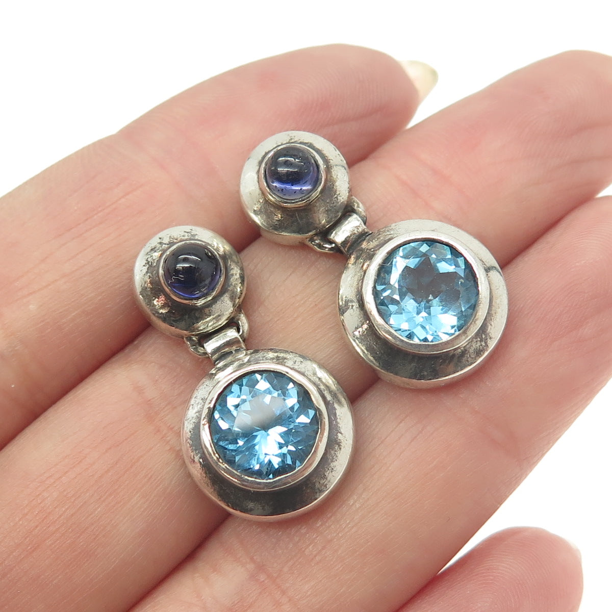 925 Sterling Silver Vintage Real Blue Topaz & Iolite Round Drop Earrings