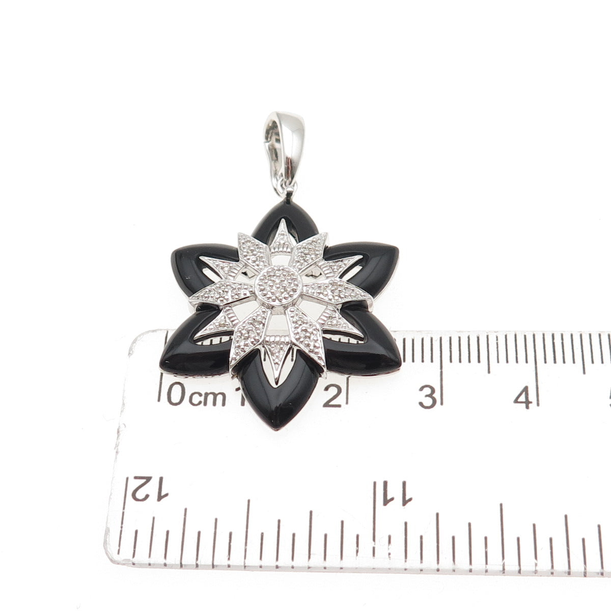 925 Sterling Silver Real Diamond & Black Onyx Floral Charm Pendant