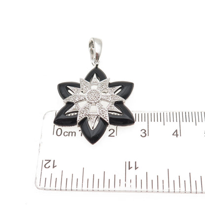 925 Sterling Silver Real Diamond & Black Onyx Floral Charm Pendant