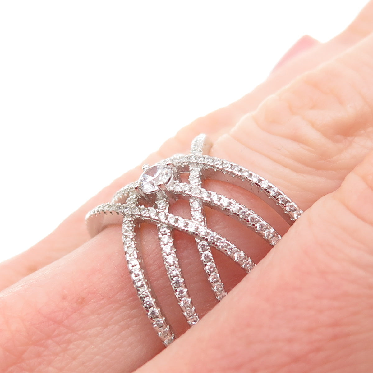 DSMK 925 Sterling Silver Round-Cut C Z Crisscross Ring Size 7.5
