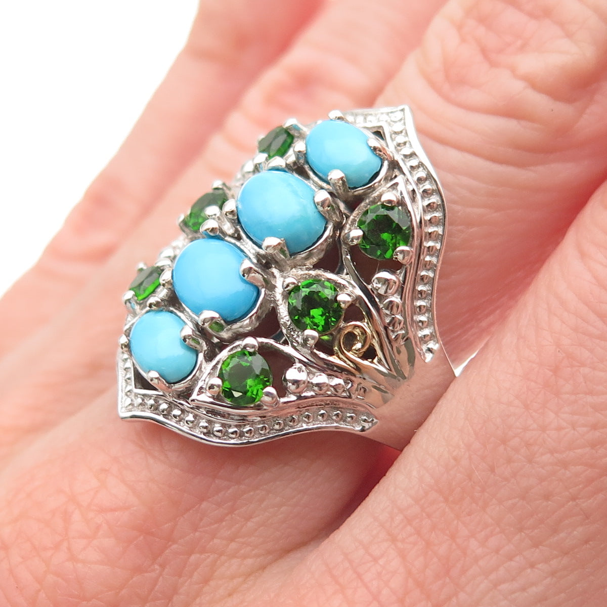 Chuck Clemency 925 Sterling Sleeping Beauty Turquoise & Peridot Ring Size 8.25