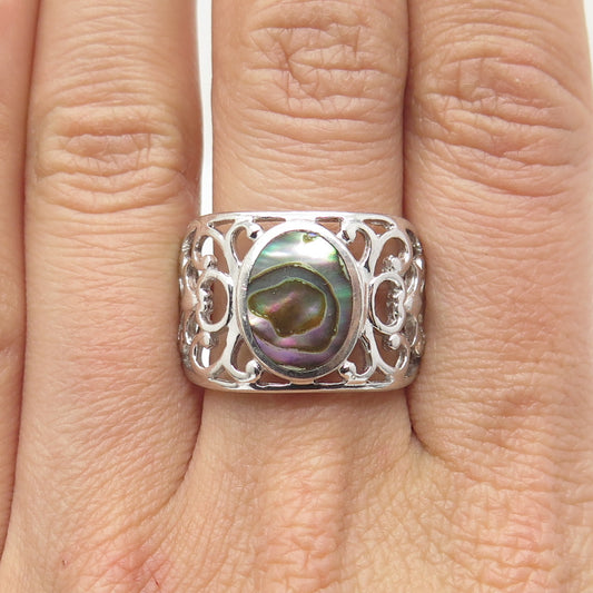 925 Sterling Silver Real Abalone Shell Ornate Ring Size 9.25