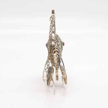 925 Sterling Silver Antique Enamel Chinese Koi Fish Articulated Chatelaine Fob