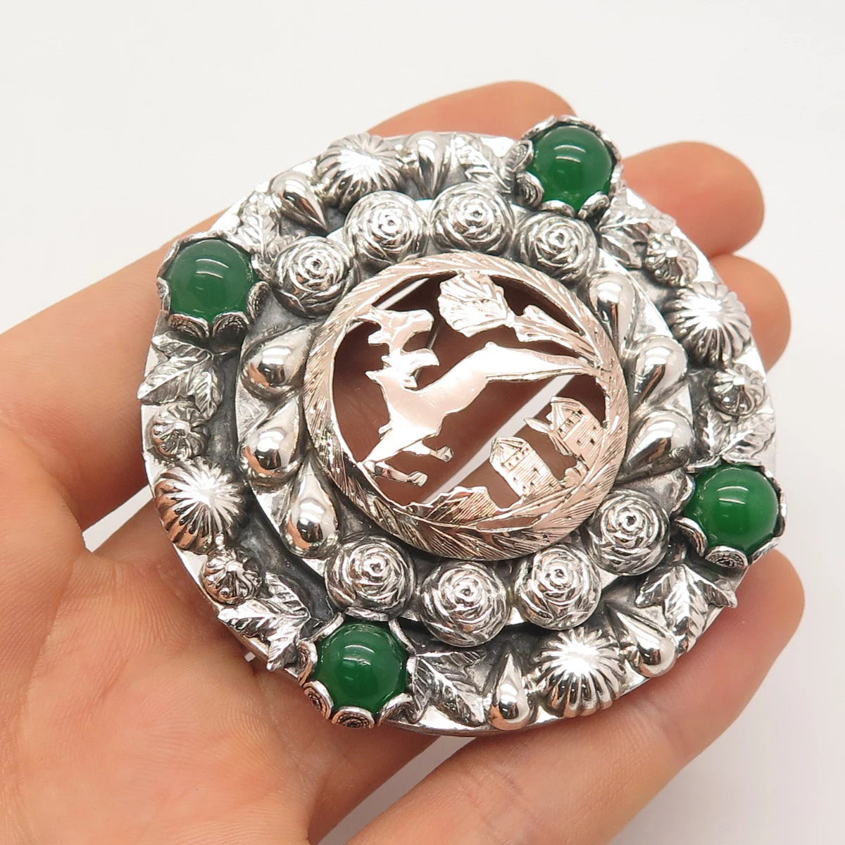 800 Silver / Gold Filled Vintage Real Green Chalcedony Gem Deer Round Pin Brooch