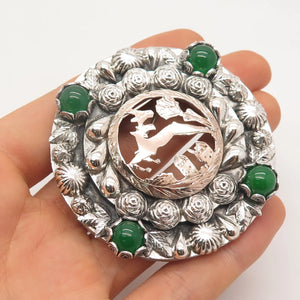 800 Silver / Gold Filled Vintage Real Green Chalcedony Gem Deer Round Pin Brooch