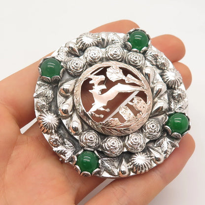 800 Silver / Gold Filled Vintage Real Green Chalcedony Gem Deer Round Pin Brooch