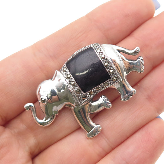 925 Sterling Silver Vintage Real Black Onyx & Marcasite Elephant Pin Brooch