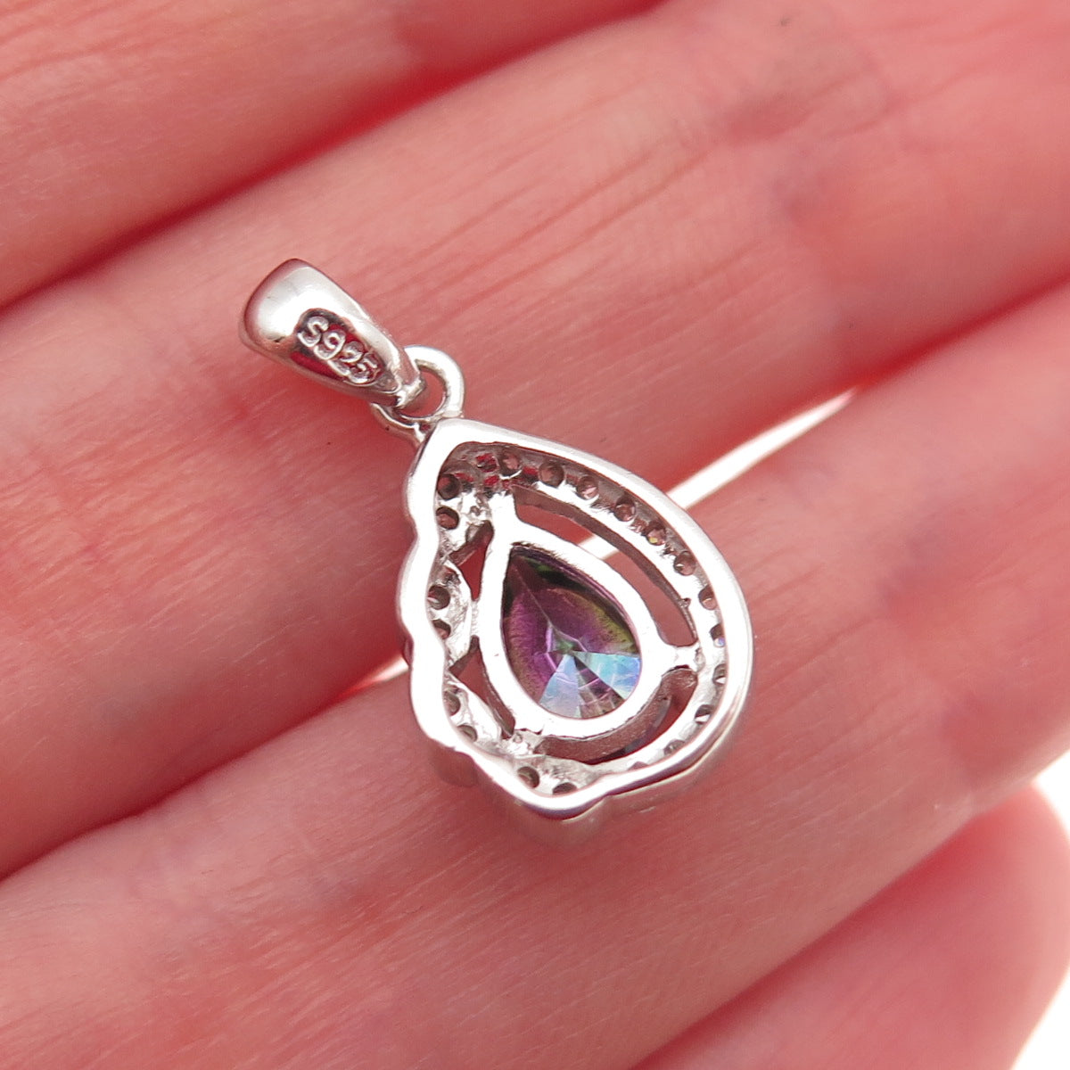 925 Sterling Silver Real Mystic Quartz & C Z Teardrop Mini Charm Pendant