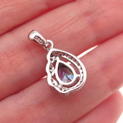 925 Sterling Silver Real Mystic Quartz & C Z Teardrop Mini Charm Pendant