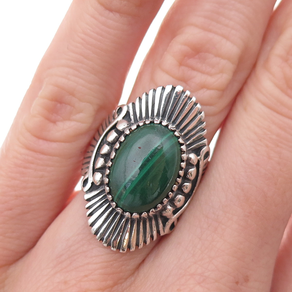 Angeline Miller Navajo Old Pawn Sterling Silver Vintage Malachite Ring Size 5.75