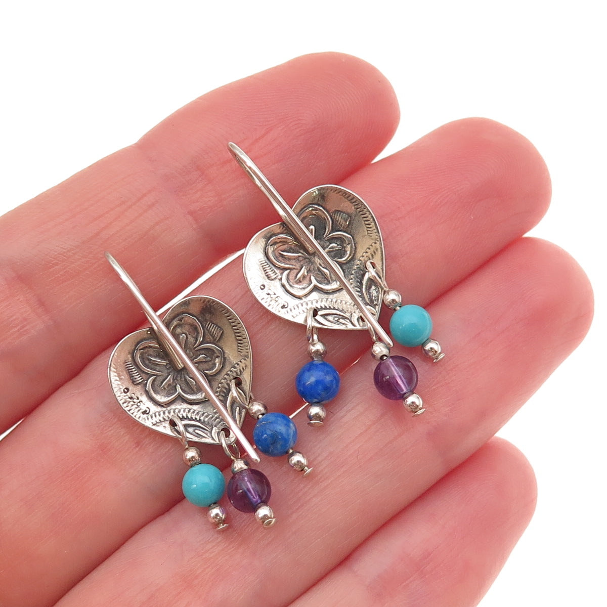 Carolyn Pollack Sterling Silver Vintage Turquoise Lapis Amethyst Heart Earrings