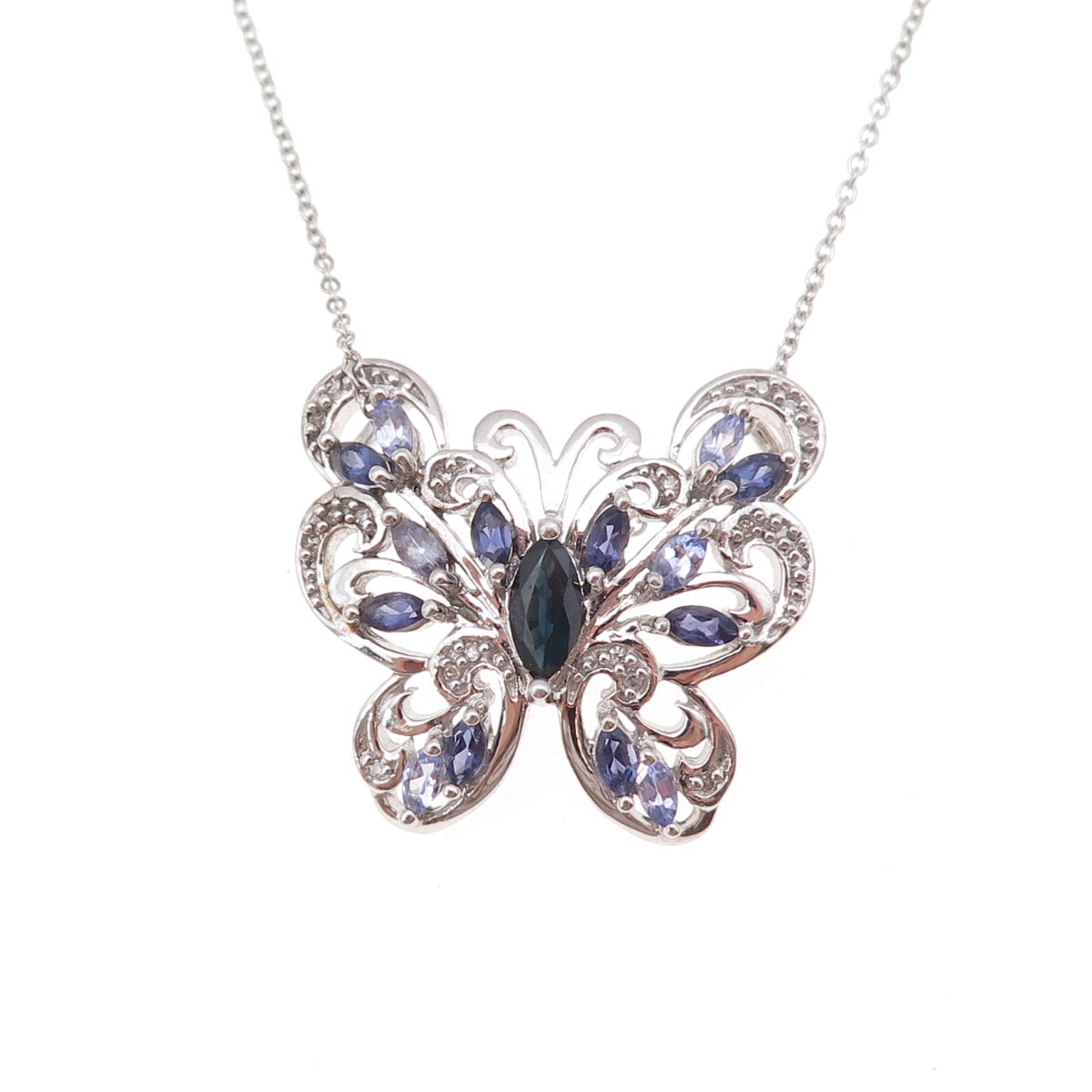 925 Sterling Silver Real Sapphire & Tanzanite Butterfly Cable Chain Necklace 18"