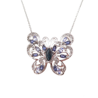 925 Sterling Silver Real Sapphire & Tanzanite Butterfly Cable Chain Necklace 18"