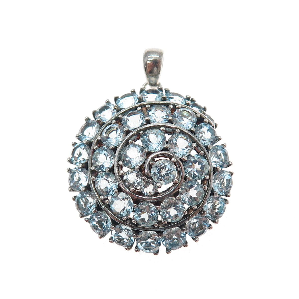 925 Sterling Silver Vintage Real Round-Cut Blue Topaz Spiral Charm Pendant