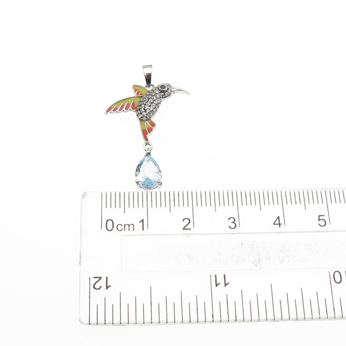 925 Sterling Silver Enamel Real Blue Topaz Black & White C Z Hummingbird Pendant