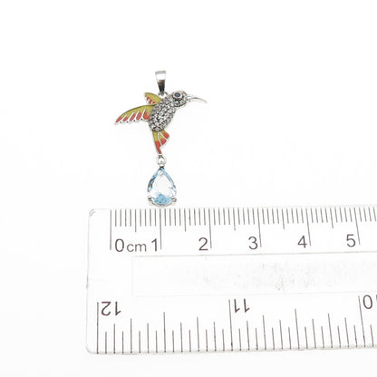 925 Sterling Silver Enamel Real Blue Topaz Black & White C Z Hummingbird Pendant