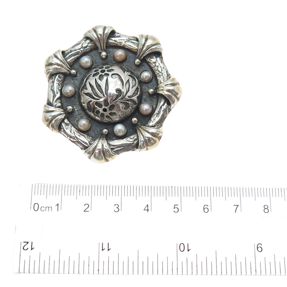 925 Sterling Silver Vintage Artisan Real Pearl Flower Oxidized Brooch / Pendant