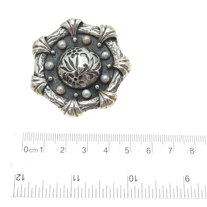 925 Sterling Silver Vintage Artisan Real Pearl Flower Oxidized Brooch / Pendant