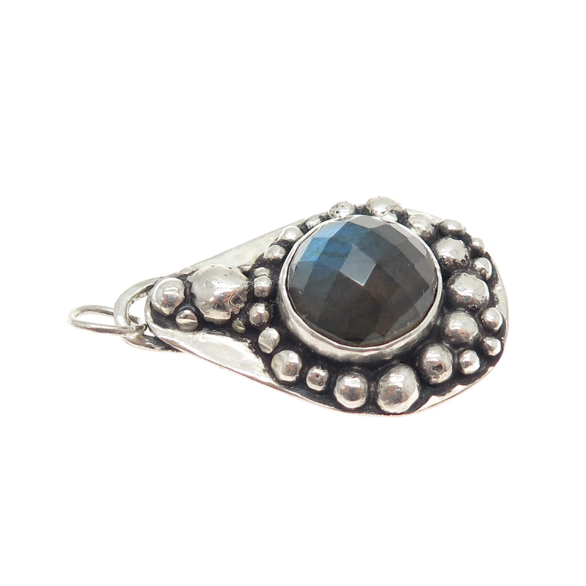 925 Sterling Silver Vintage Real Labradorite Modernist Beaded Oxidized Pendant