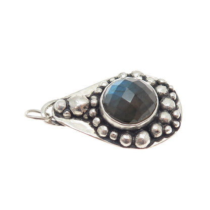 925 Sterling Silver Vintage Real Labradorite Modernist Beaded Oxidized Pendant
