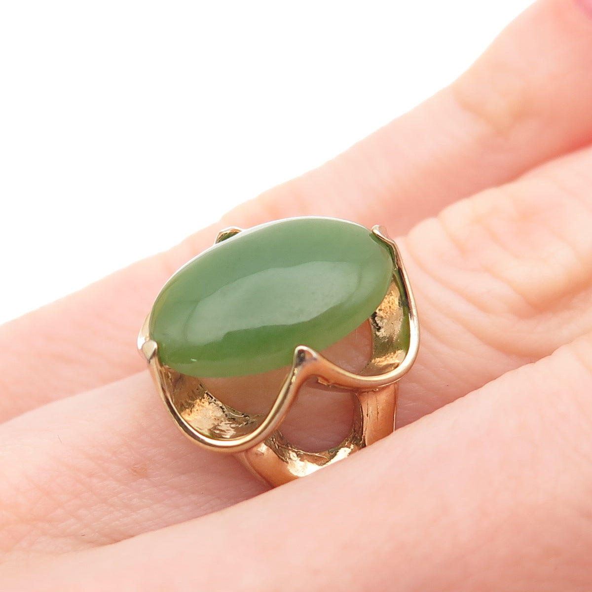 925 Sterling Silver Gold Plated Vintage Real Cabochon Jade Ring Size 4.5