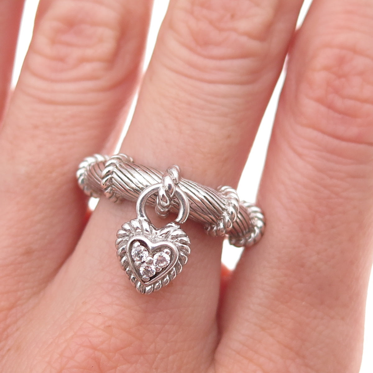 Judith Ripka 925 Sterling Silver Round-Cut C Z Heart Dangle Charm Ring Size 8