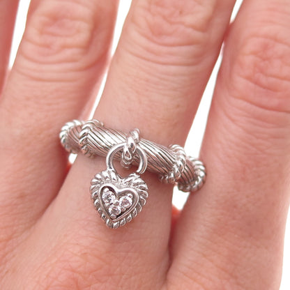 Judith Ripka 925 Sterling Silver Round-Cut C Z Heart Dangle Charm Ring Size 8