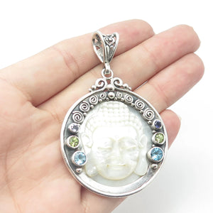 925 Sterling Silver Vintage Real MOP Iolite Topaz Peridot Buddha Amulet Pendant