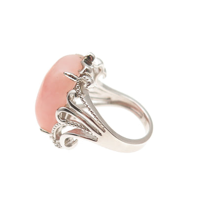 925 Sterling Silver Real Cabochon Pink Opal Floral Scroll Ring Size 6