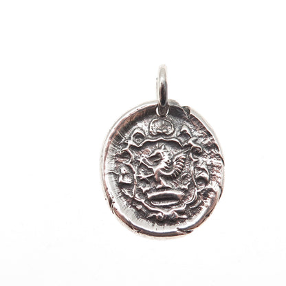 925 Sterling Silver Vintage Griffin Wax Seal Crest Oxidized Charm Pendant